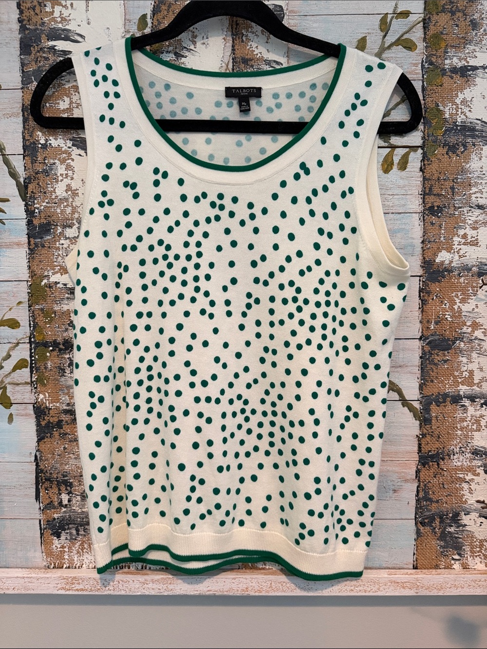 Talbots Cream Tank Top with Green Polka Dot Print
